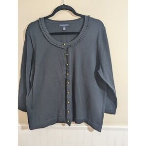 Lands' End Cardigan Women 1X Black Excellent Ruffle Neck Gold Button Cotton